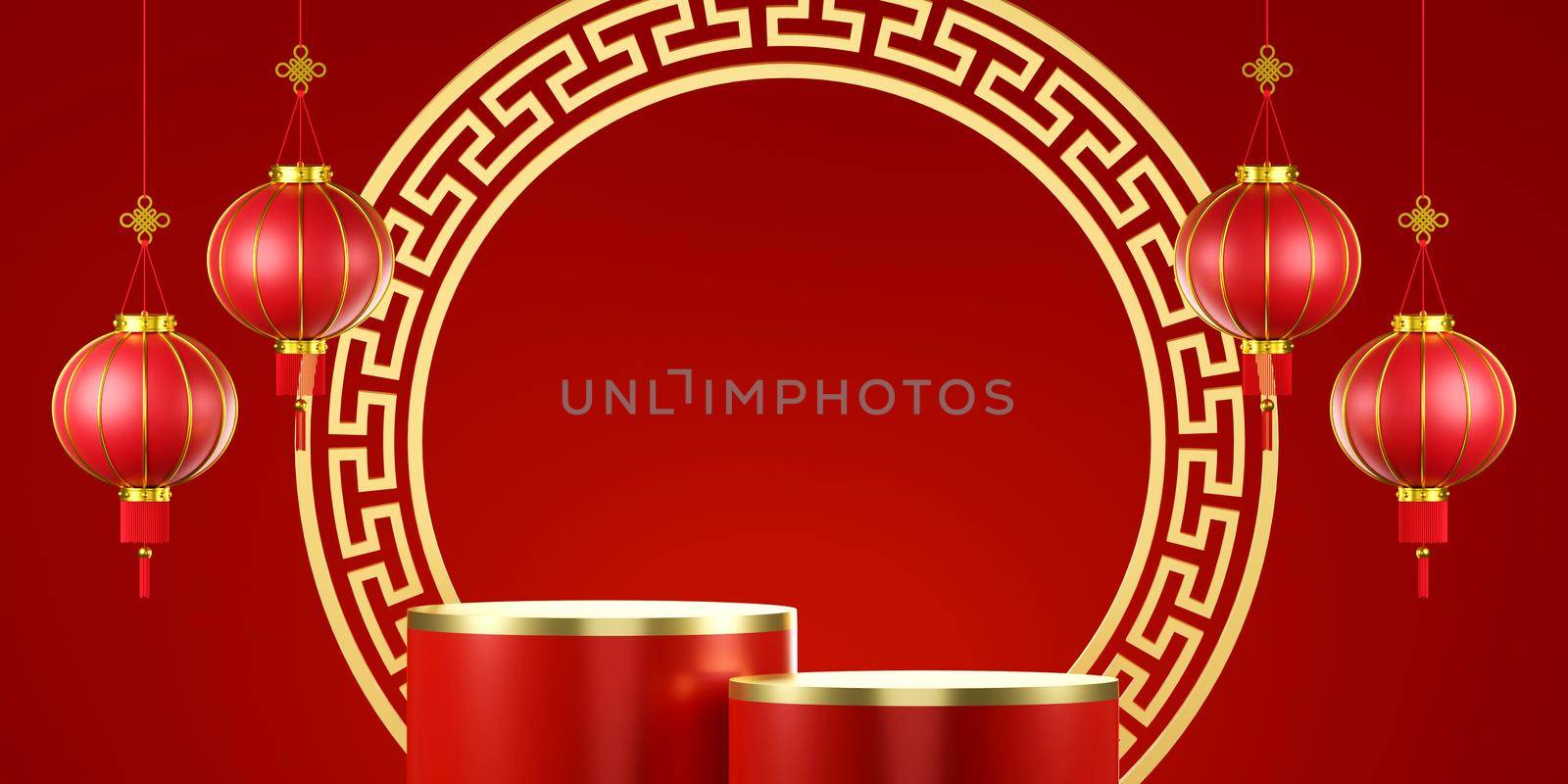 3d illustration of Chinese new year banner with podium and Chinese lantern by nutzchotwarut