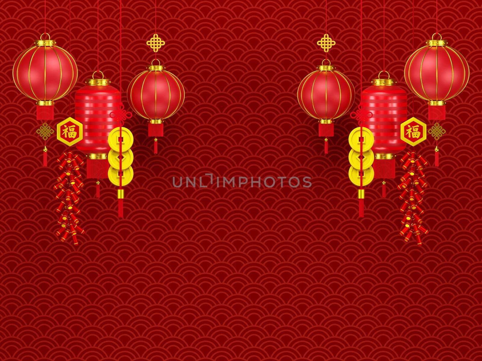 3d illustration of Chinese new year with lantern and cracker, Translation forture in Chinese by nutzchotwarut