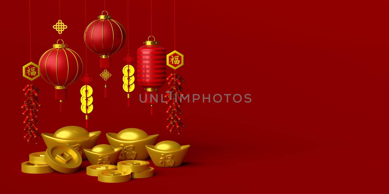 3d illustration of Chinese new year banner with Chinese lantern, ingot and coin