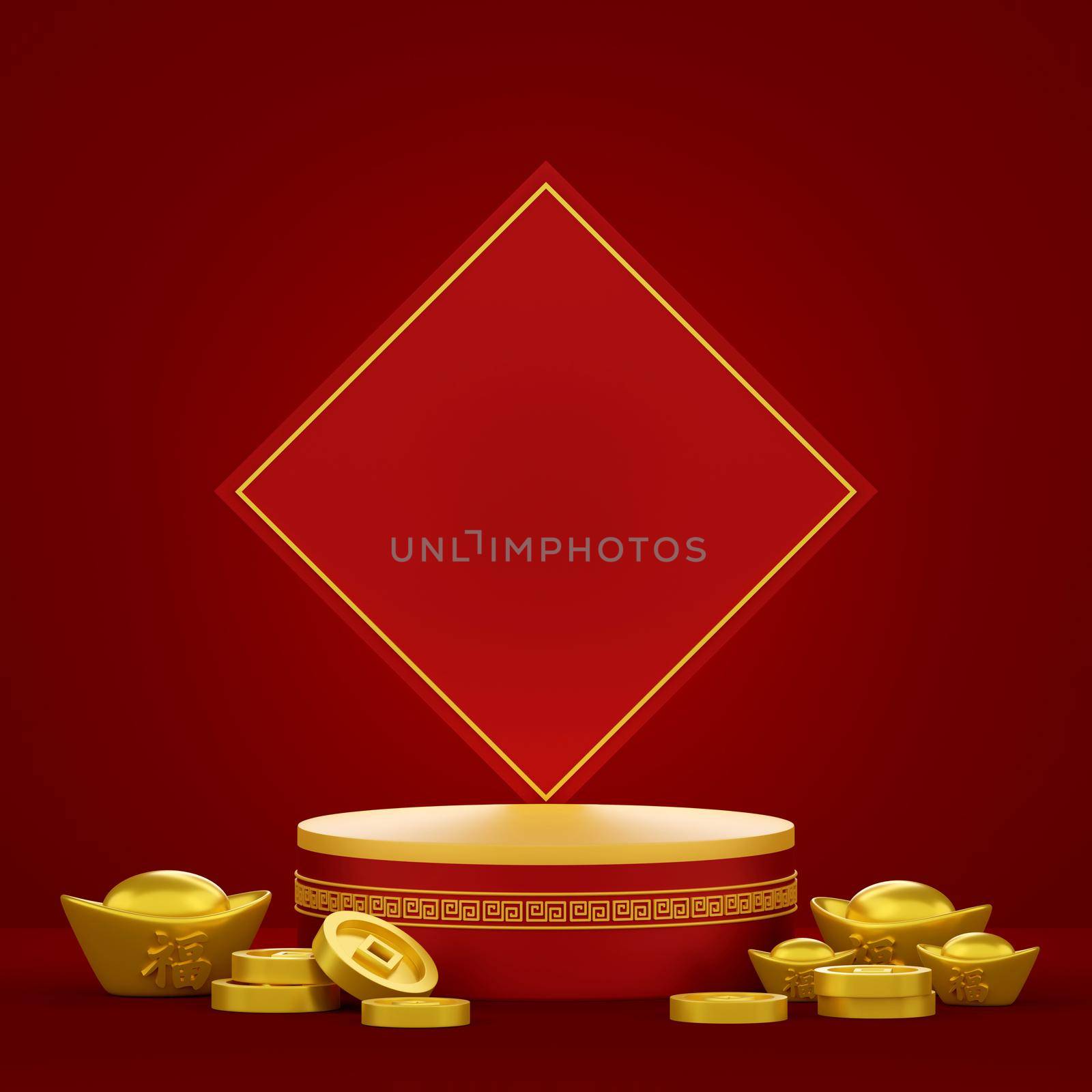 3d illustration of Chinese new year banner with Chinese ingot and coin by nutzchotwarut