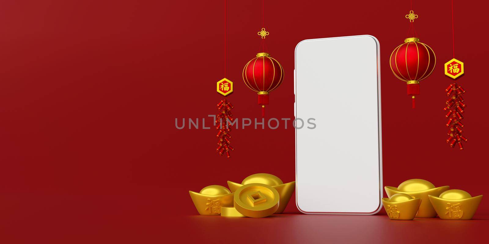 3d illustration of Chinese new year banner with smartphone with hanging lantern