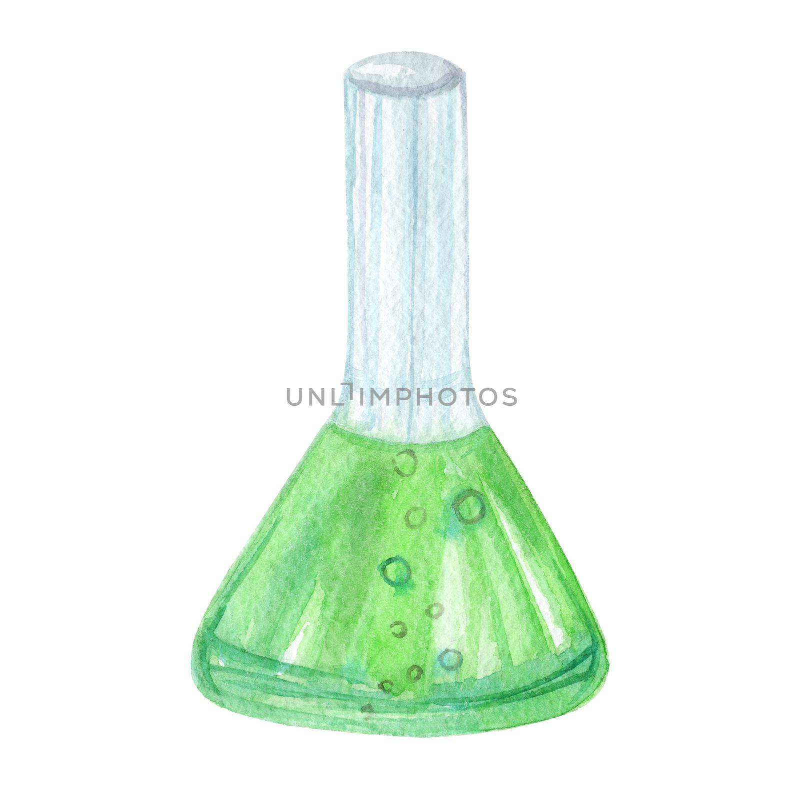 watercolor chemical bottle with green liquid isolated on white background by dreamloud