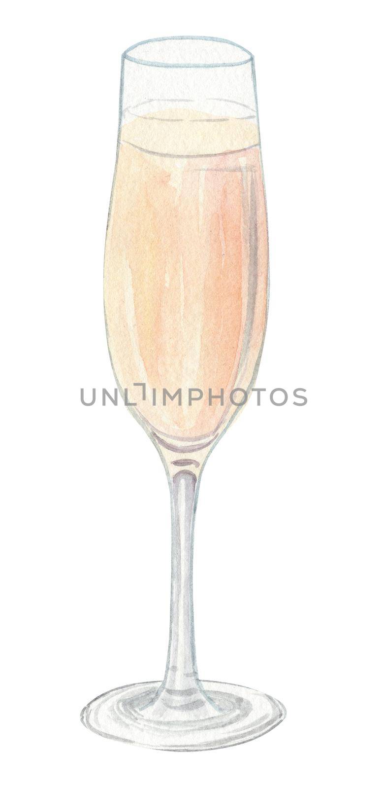 Watercolor hand drawn champagne drink in glass isolated on white background. Alcoholic white wine