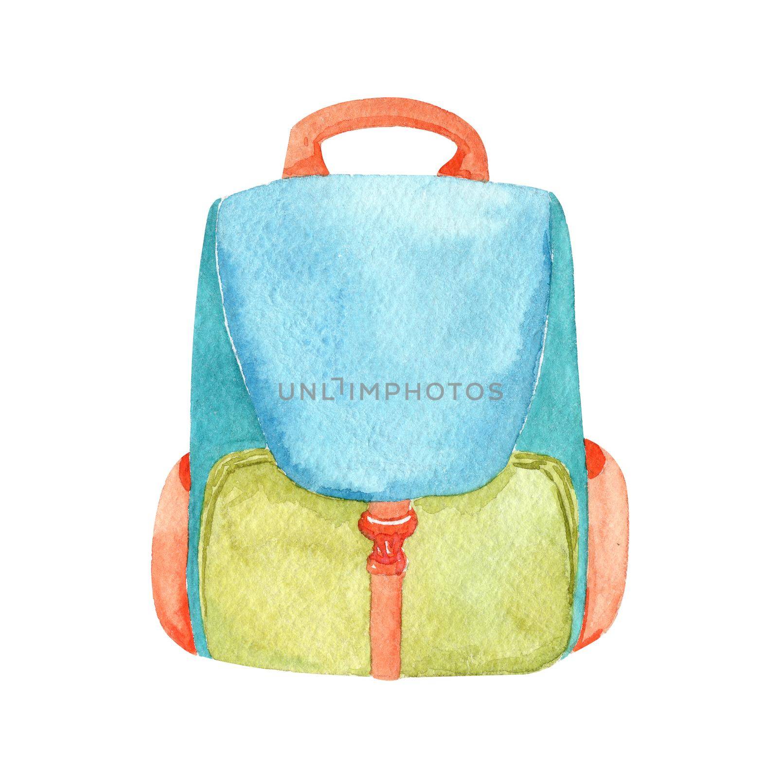 watercolor blue backpack isolated on white background. School bag. Travel bag by dreamloud
