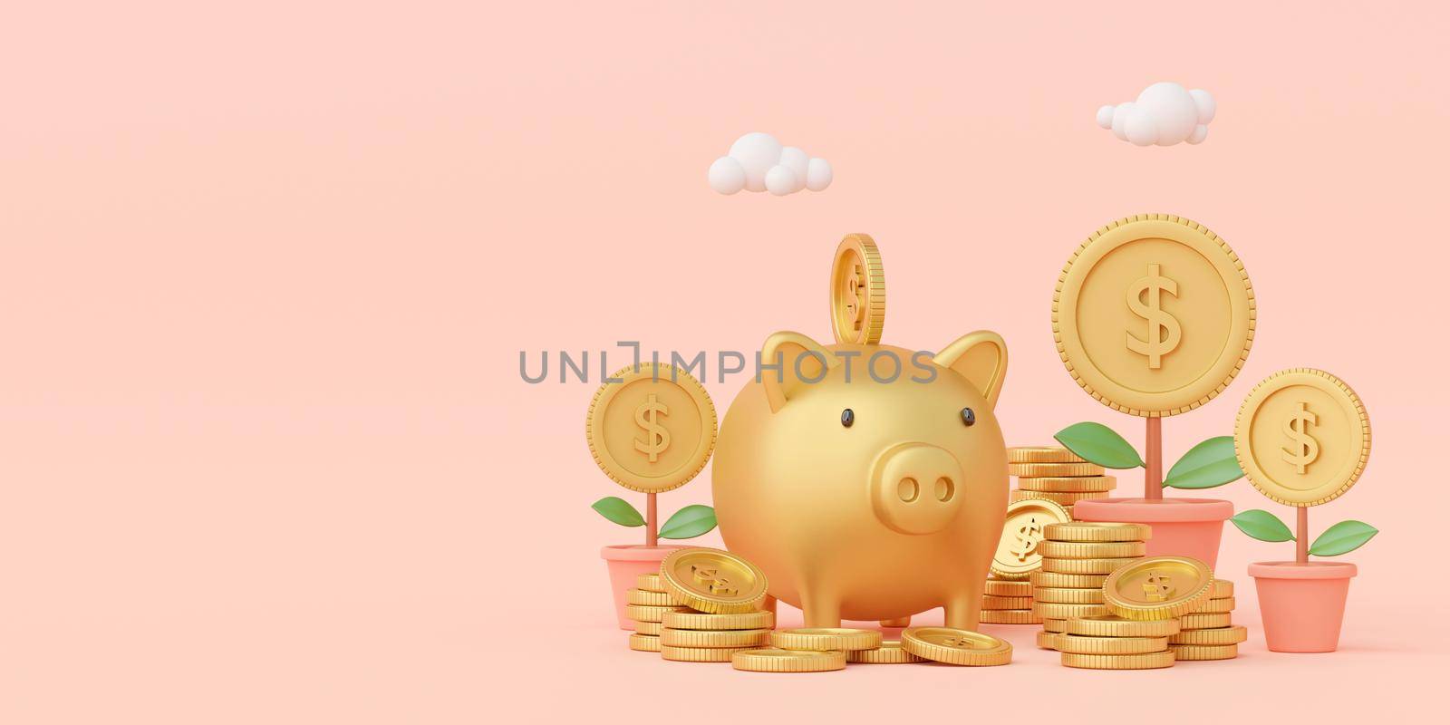 Money Savings Concept, Putting a coin into Piggy bank, Banner background, 3d rendering
