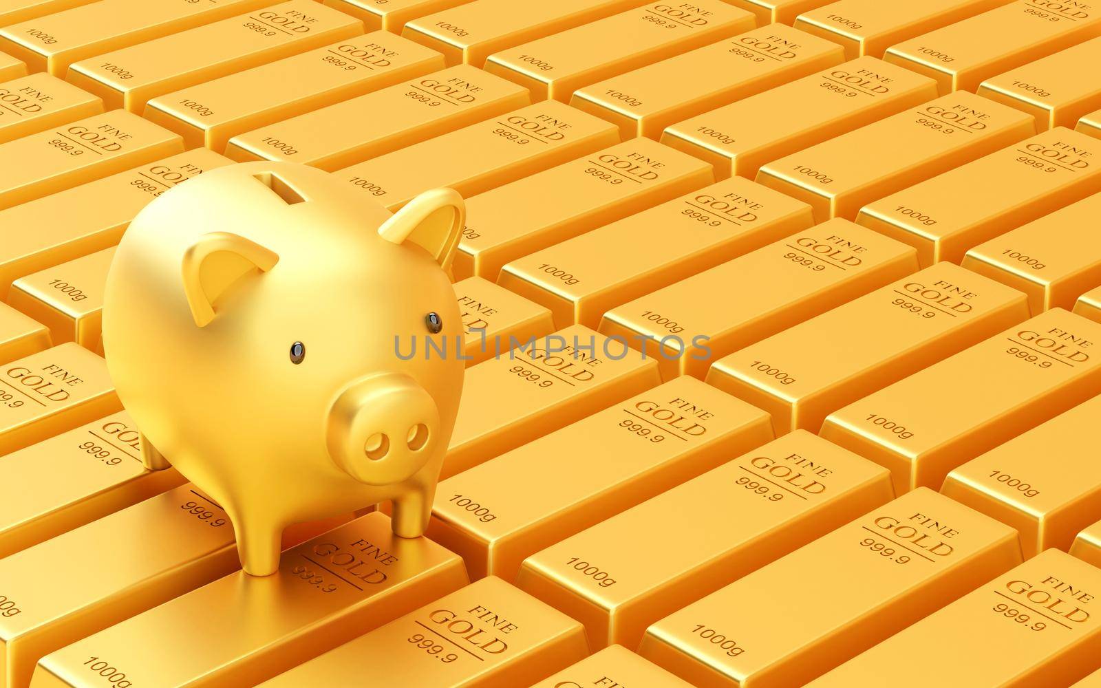Golden piggy bank with stack of gold bar, Saving gold concept, 3d illustration