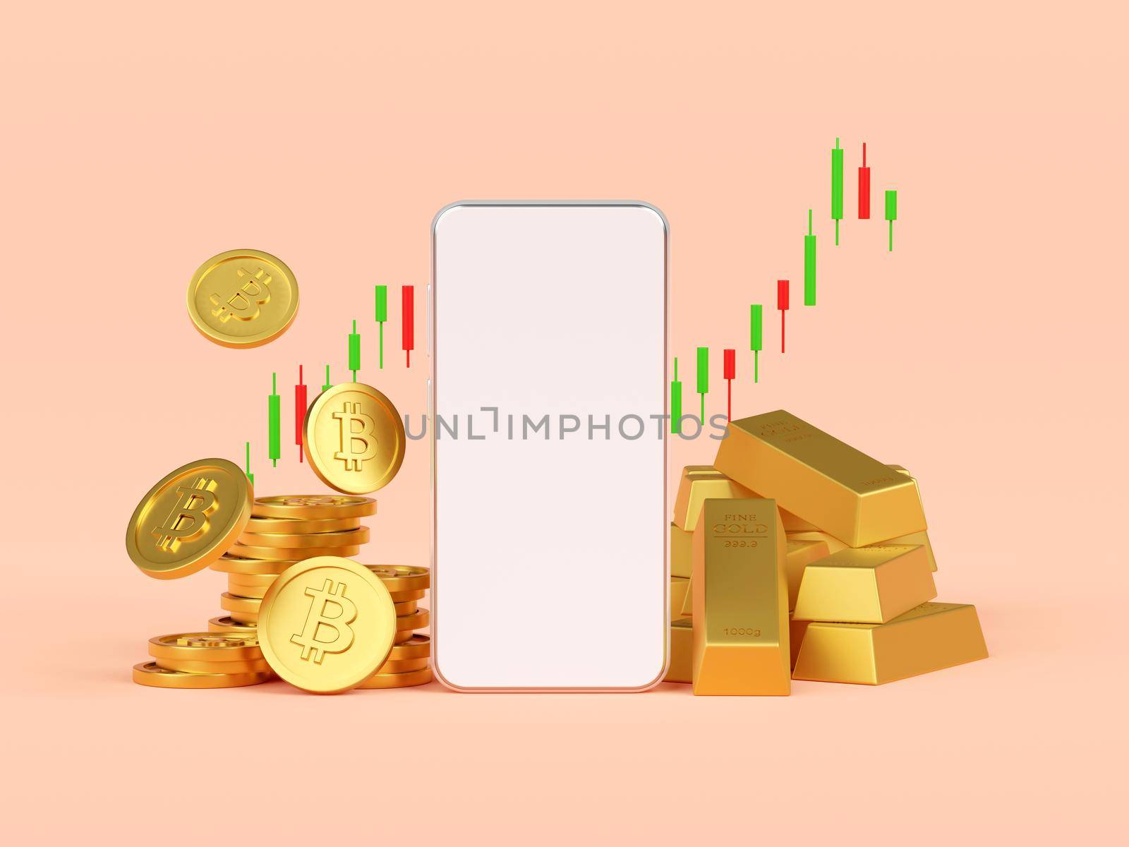 Bitcoin and gold application trading on smartphone, 3d illustration