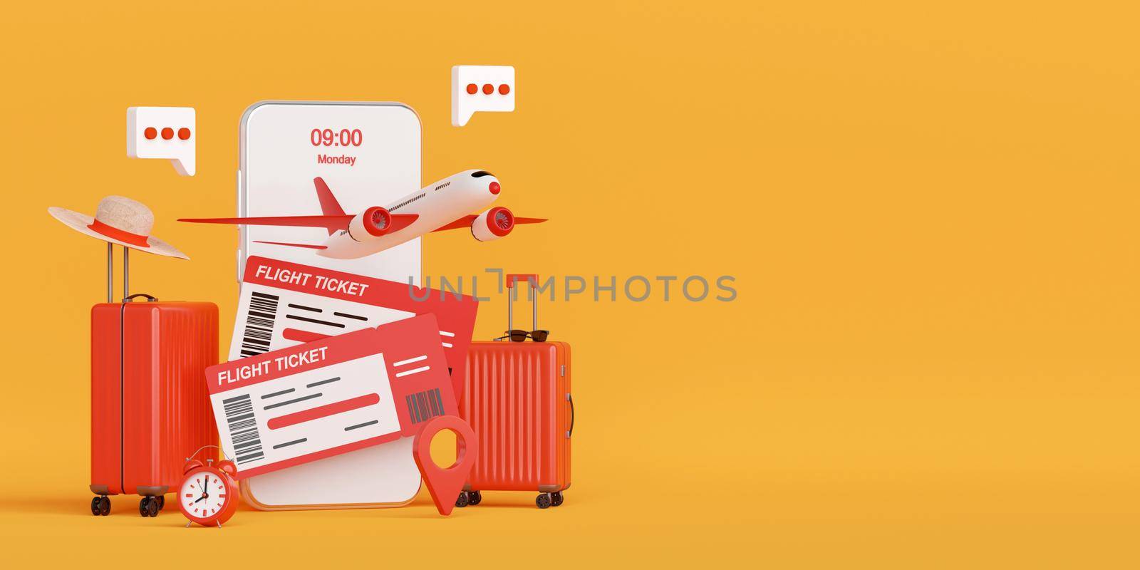 Flight booking, buy ticket or checkin application on smartphone 3d illustration by nutzchotwarut
