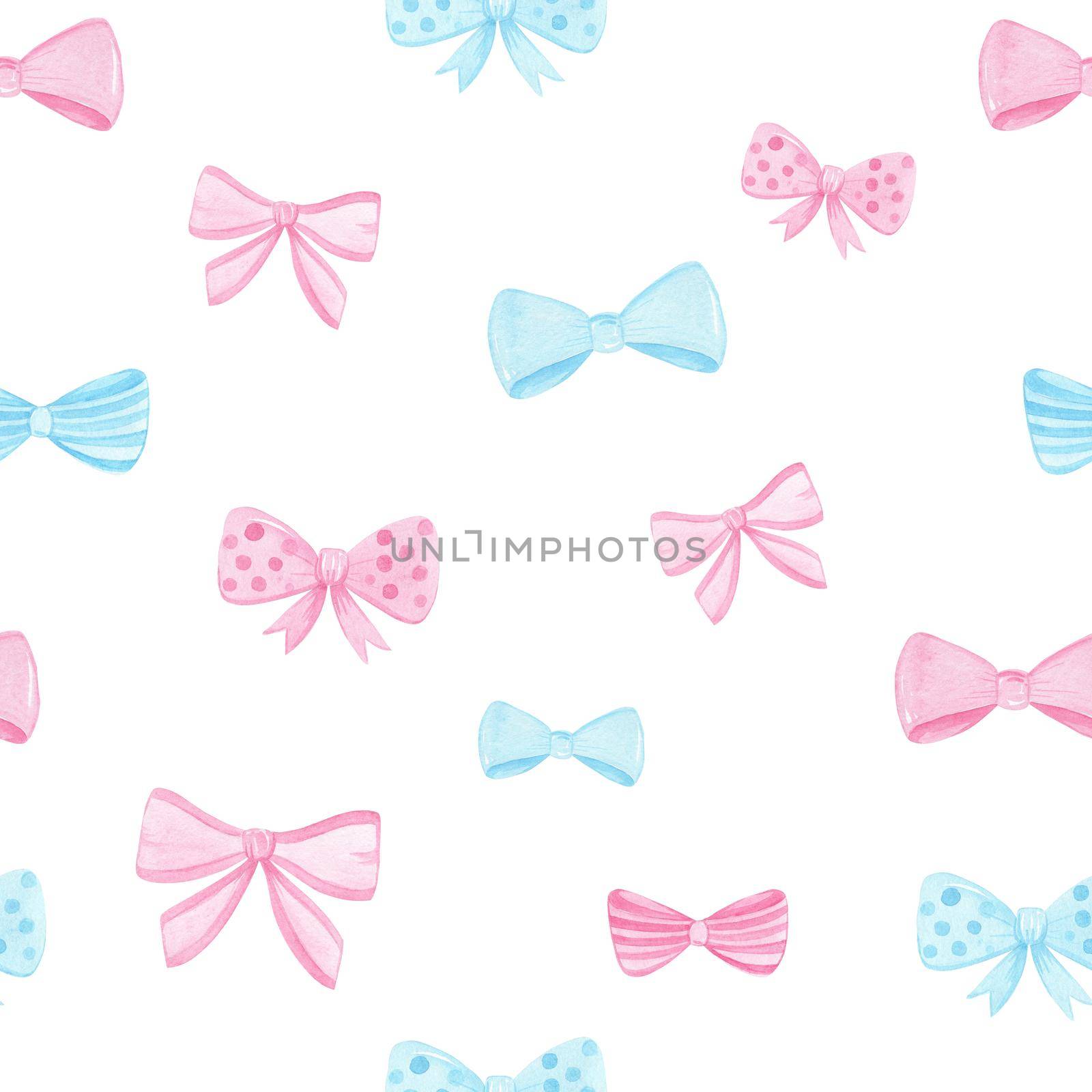 watercolor hand drawn pink and blue bows seamless pattern on white background. can be used for fabric, baby shower decorations, print, textile, wrapping paper,cards,scrapbooking