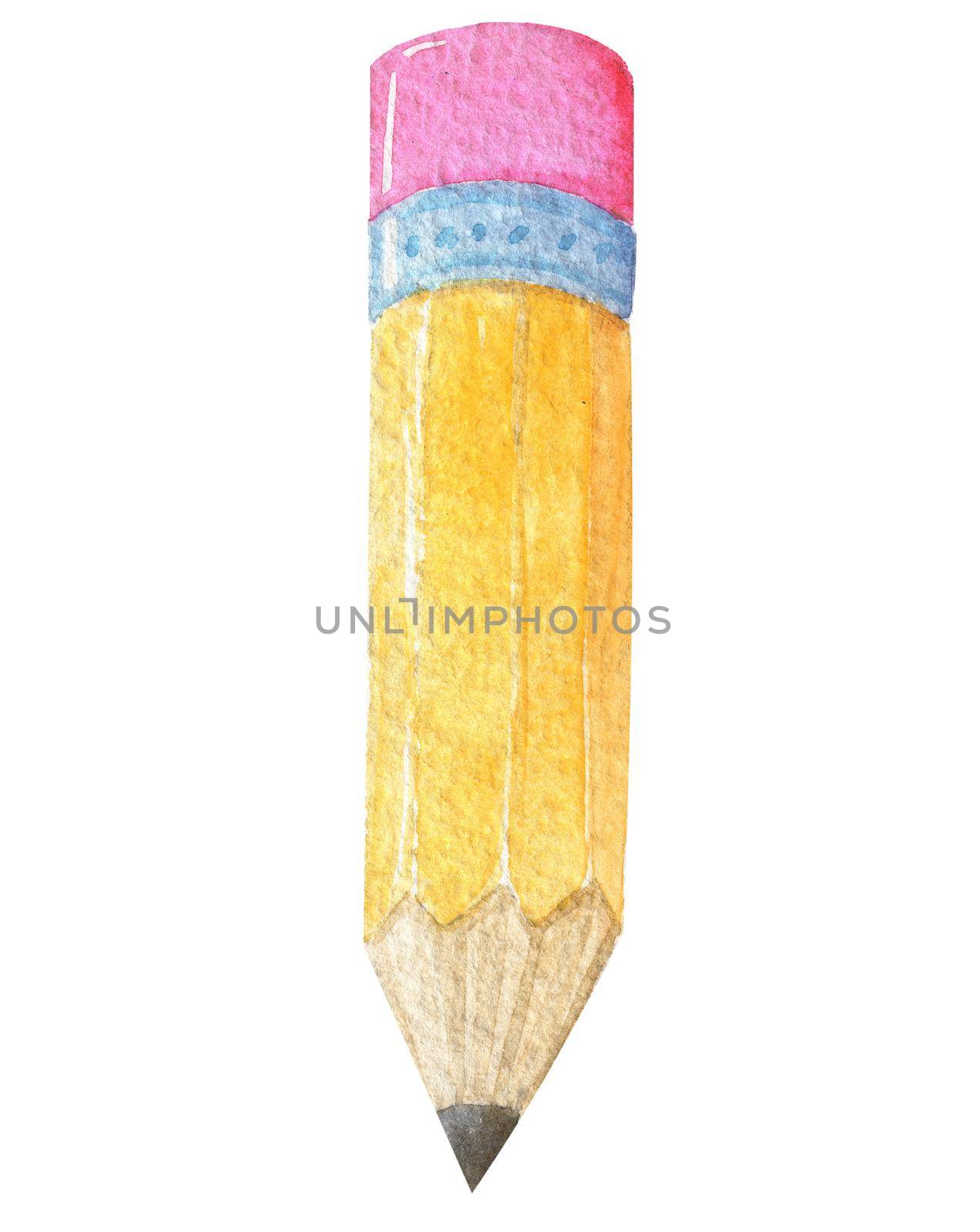 watercolor yellow pencil isolated on white background. School stationery by dreamloud