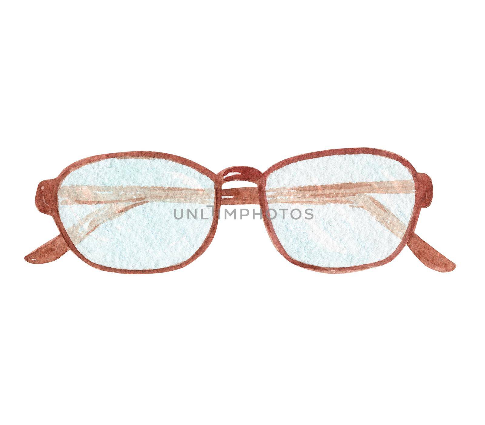 watercolor eyeglasses in brown frame isolated on white background