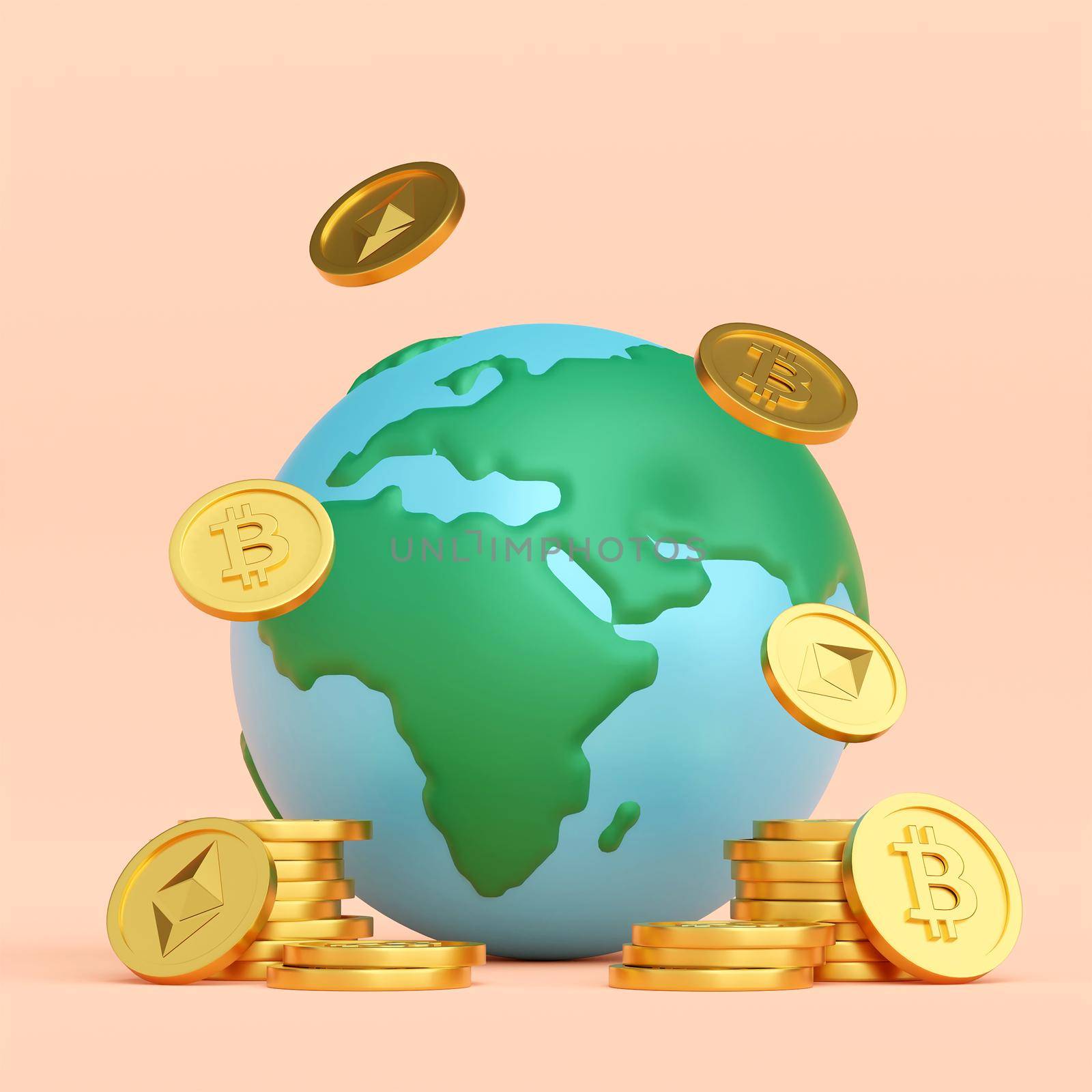 Globe with cryptocurrency BTC ETH, 3d illustration