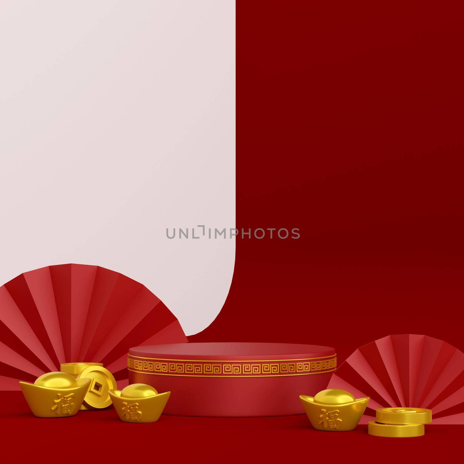 3d illustration of Chinese new year banner with podium and Chinese ingot and coin by nutzchotwarut