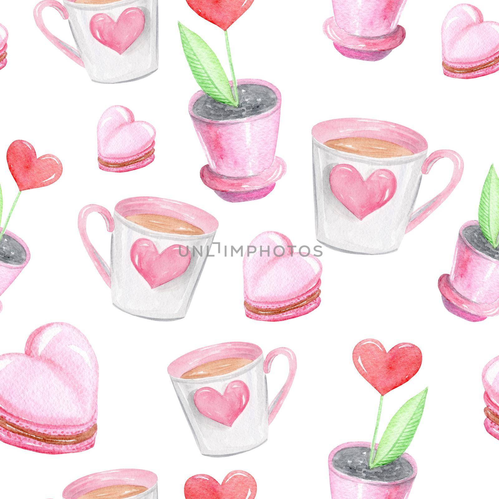 watercolor hand drawn pink hearts macarons and cups seamless pattern on white background for wrapping paper, fabric textile, valentines day decoration, scrapbooking by dreamloud