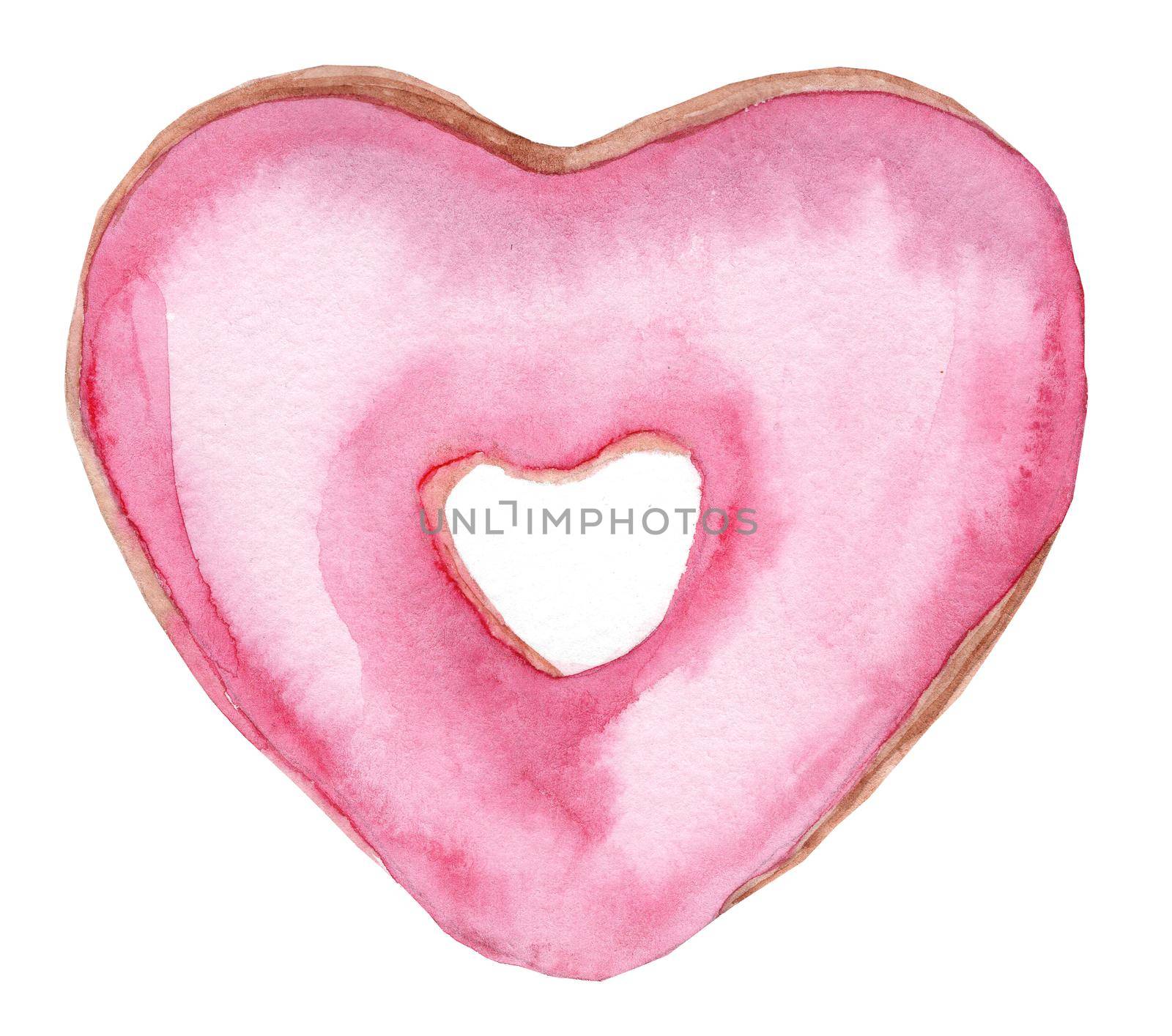 Watercolor hand painted heart shaped pink glazed donut isolated on white background by dreamloud