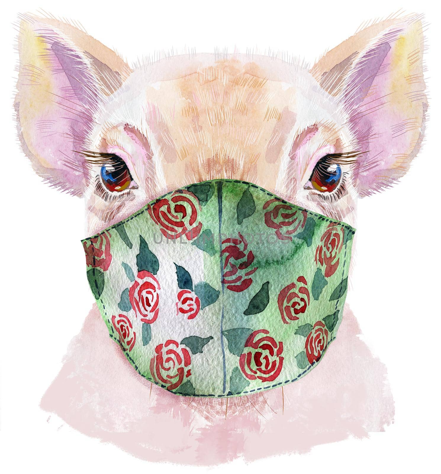 Cute piggy in medical mask. Pig for T-shirt graphics. Watercolor pink mini pig illustration