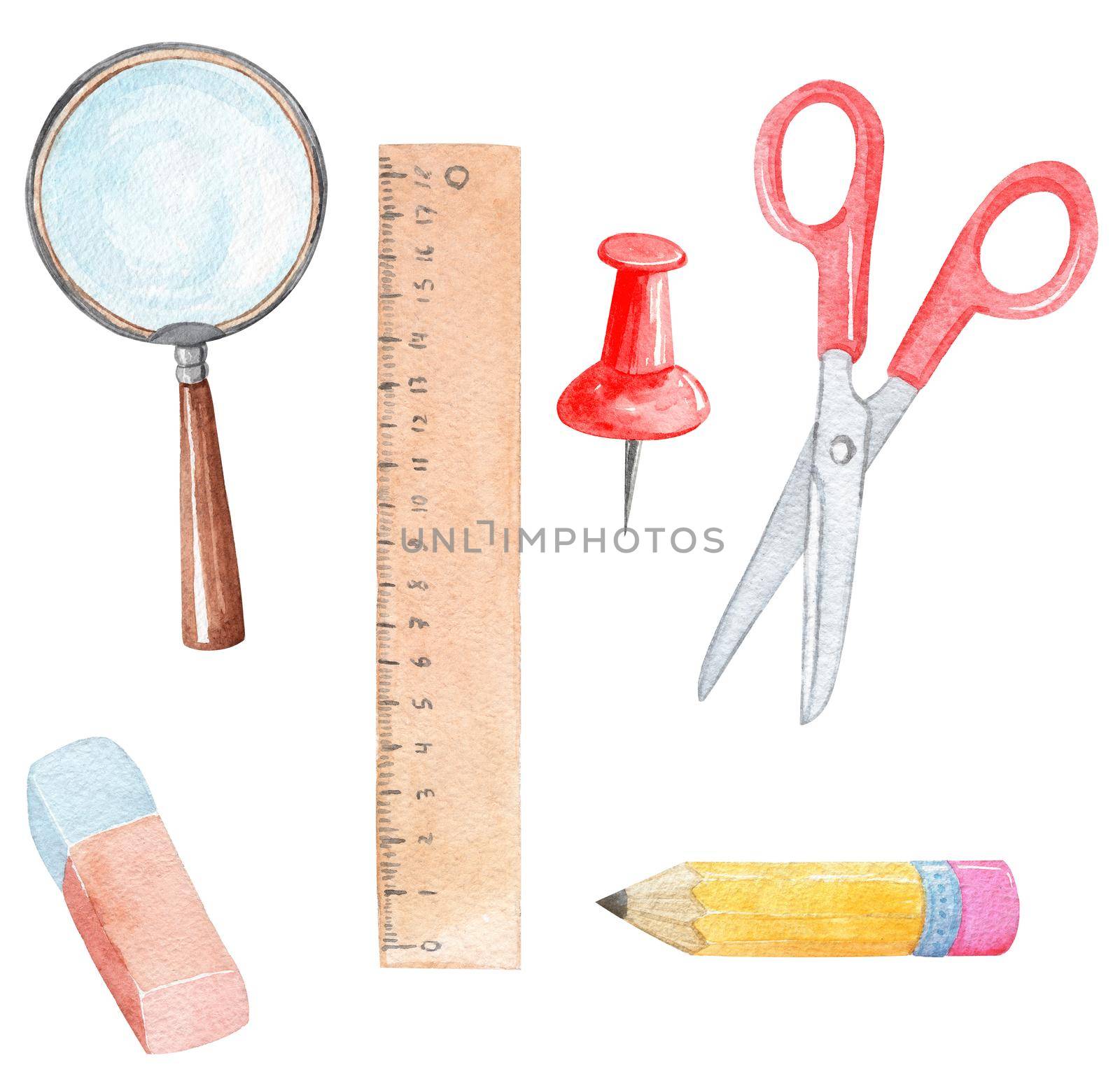 watercolor school stationery set isolated on white background