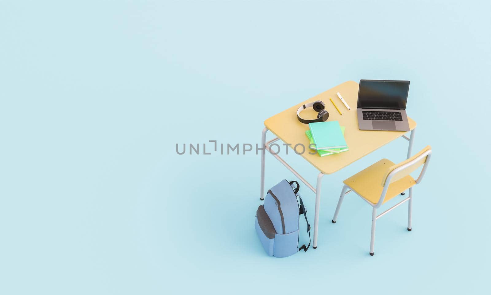 top view of a school desk with laptop, headphones, books and backpack. space for text. minimal concept of back to school and education. 3d rendering