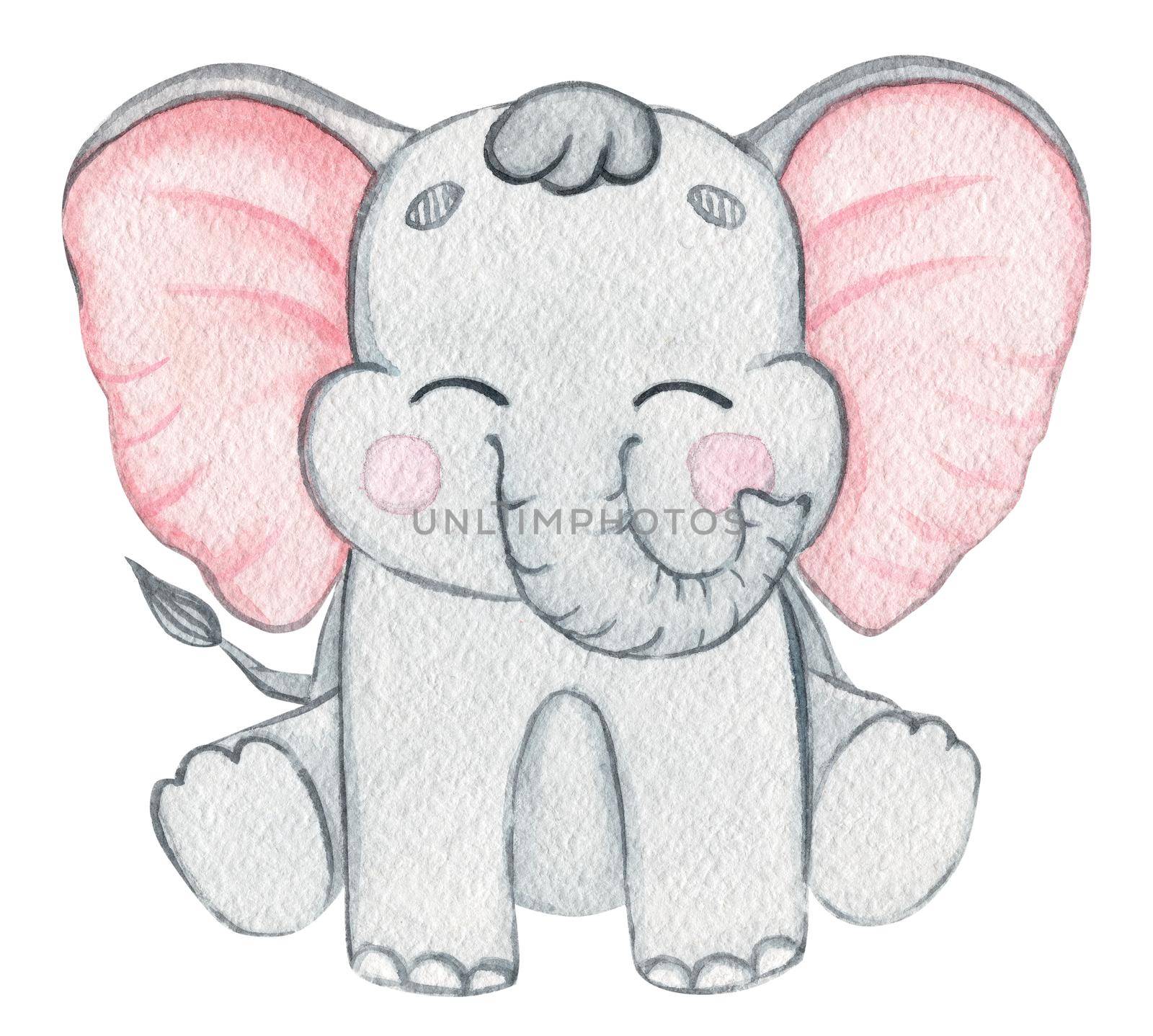 watercolor grey elephant baby sitting isolated on white background for nursery, baby shower, fabric, print