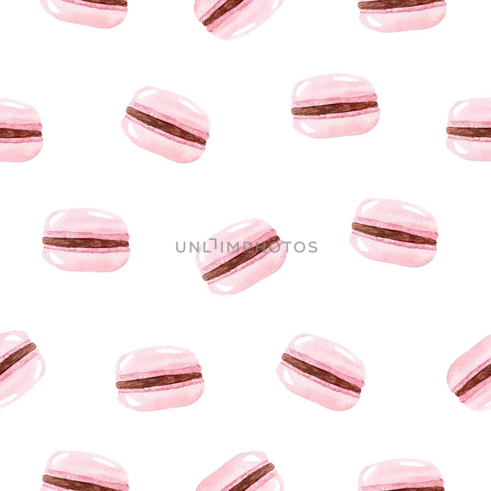 watercolor pink macarons seamless pattern on white background for fabric, textile, scrapbooking, wrapping paper, invitations, cooking and kitchen decorations