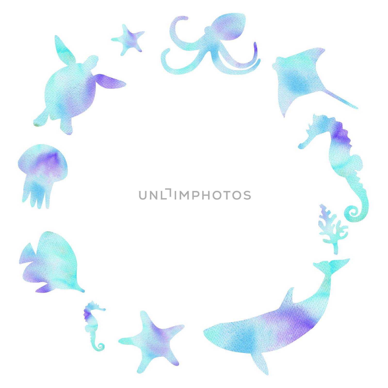 watercolor blue round frame with underwater animals and fishes isolated on white background for logo design , card border decoration,world oceans day banner by dreamloud