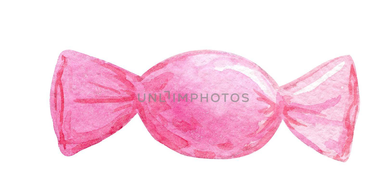 watercolor hand drawn pink sweet candy in wrapping paper isolated on white background