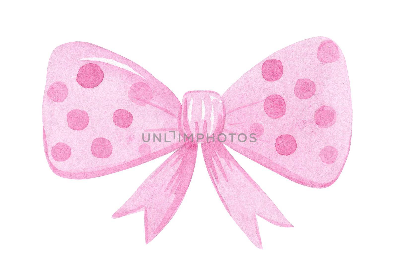 watercolor hand drawn cute pink bow with polka dot isolated on white background