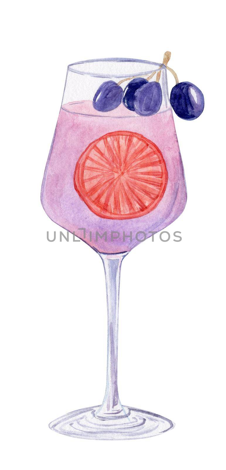 watercolor hand drawn purple wine cocktail with grape berries isolated on white background for menu cards and posters