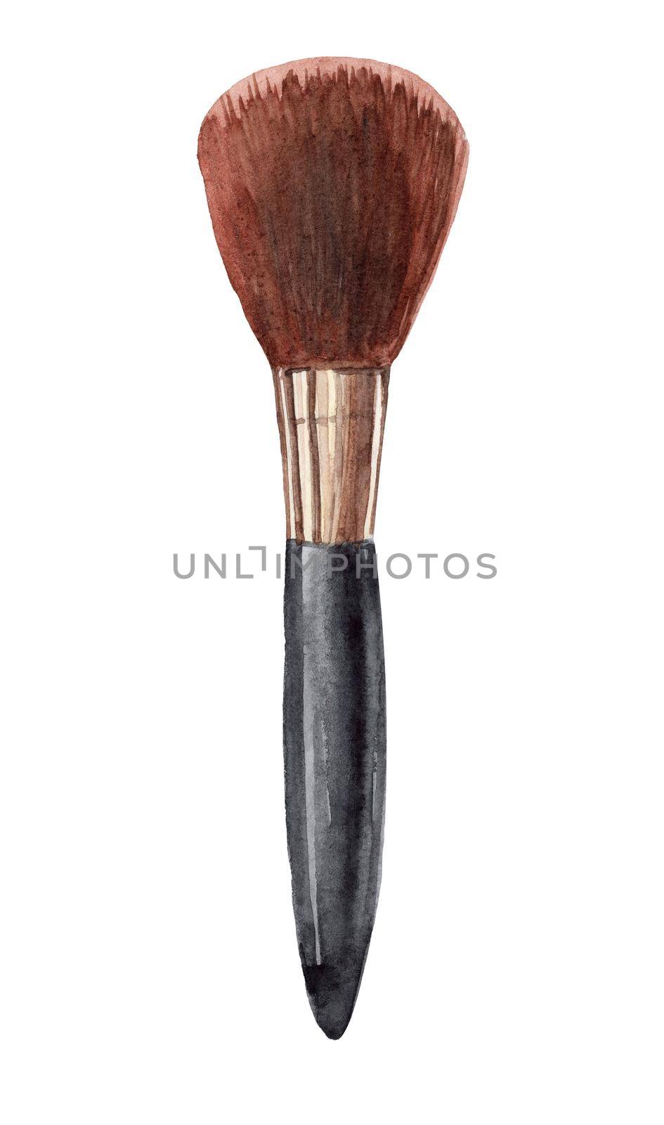 watercolor hand drawn black makeup brush with brown hair isolated on white background