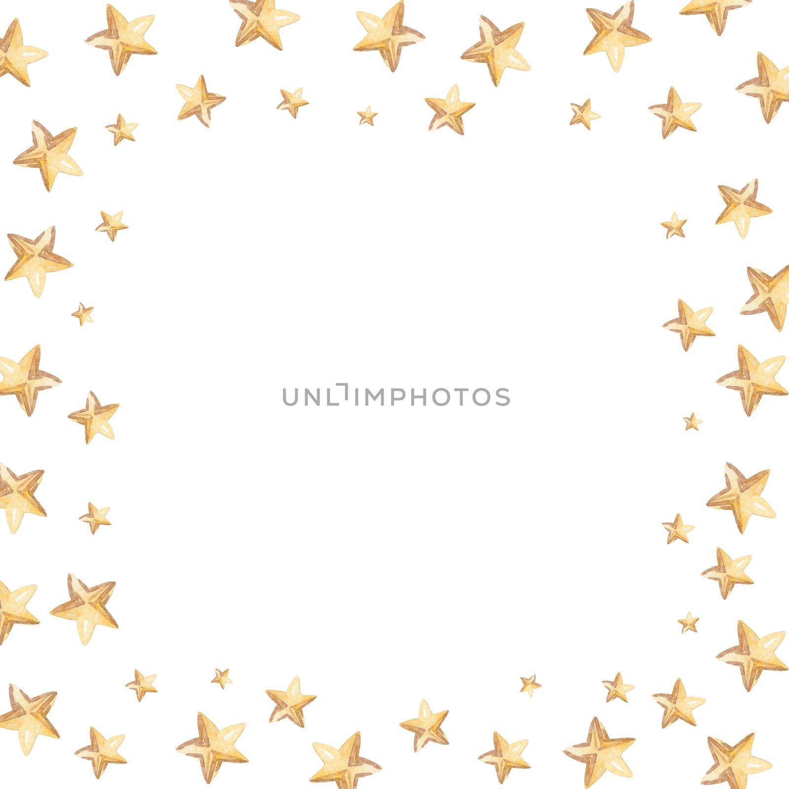 watercolor yellow stars frame isolated on white background. Golden stars square border