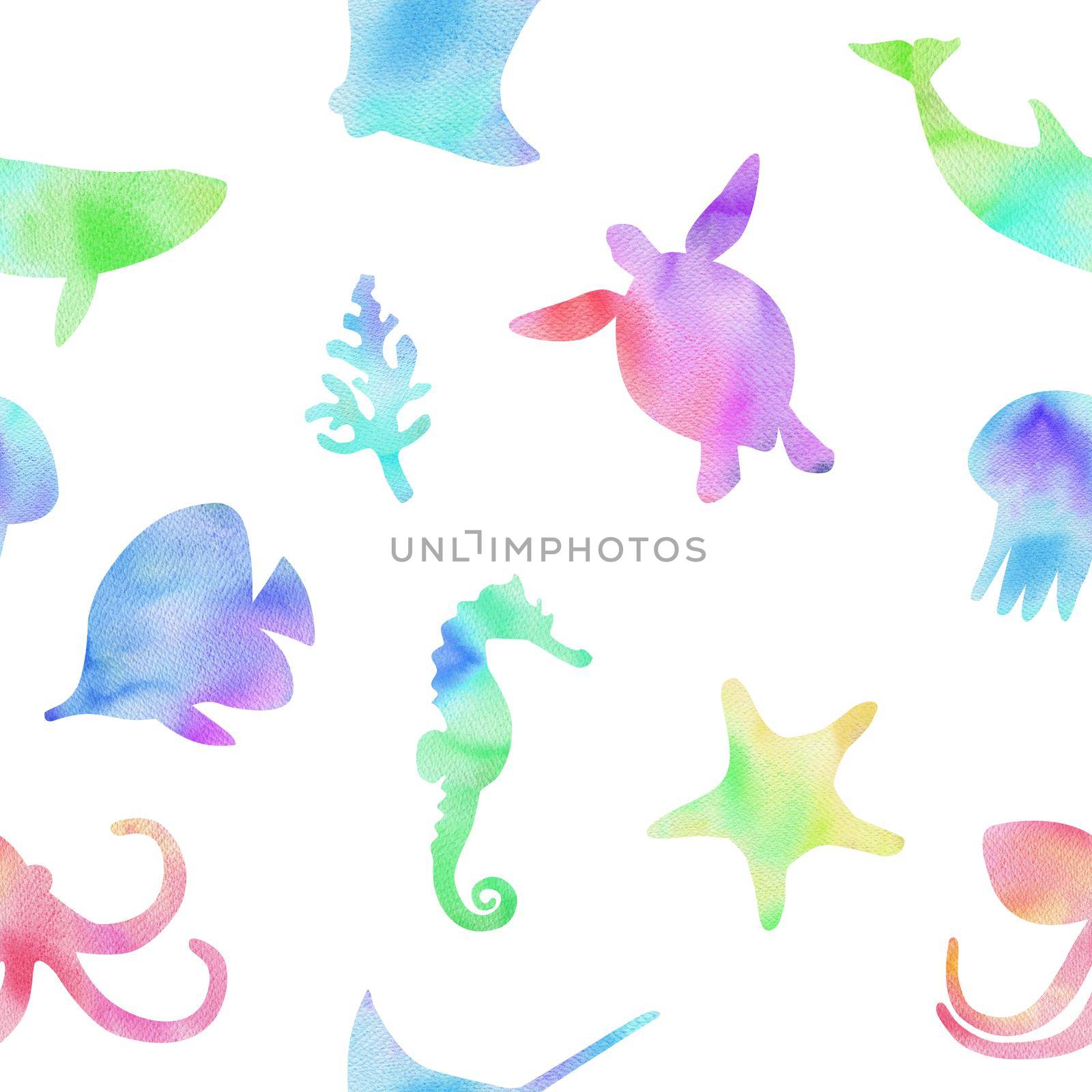 watercolor underwater color fishes and animals shapes seamless pattern on white background for fabric,wrapping. World oceans day. Sea life. by dreamloud