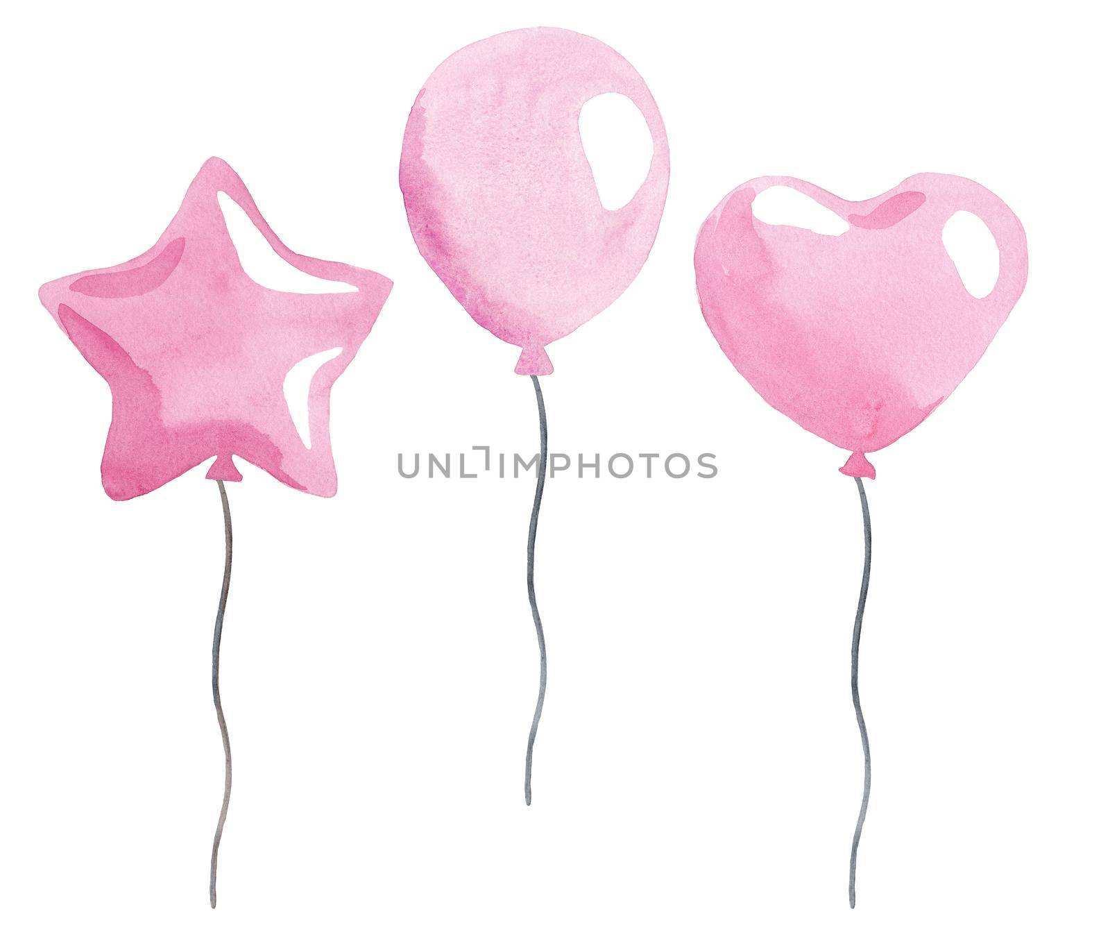 watercolor pink balloons set isolation on white background. Star and heart shaped air balloons for invitation and card decoration by dreamloud