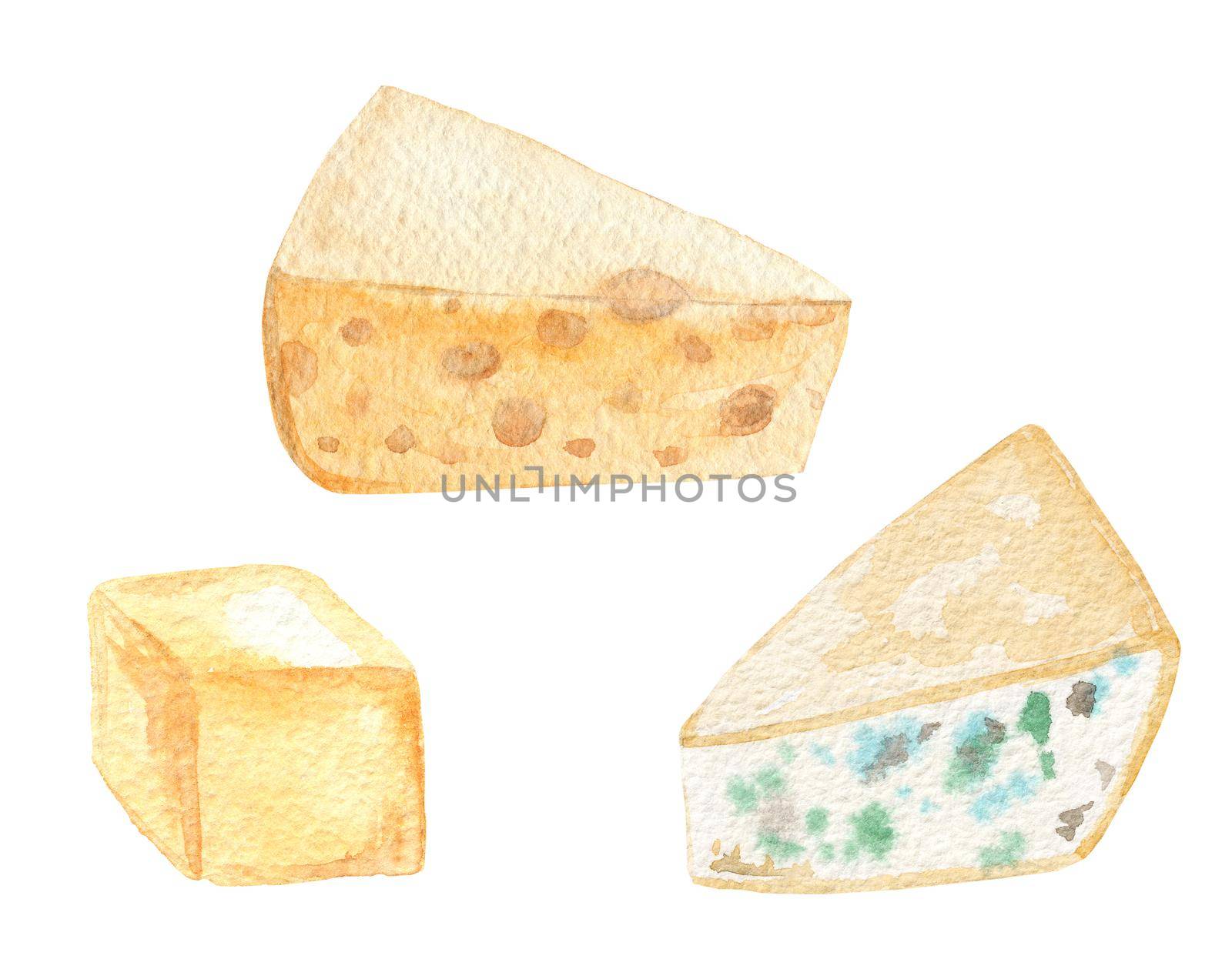 watercolor cheese slices set isolated on white background. Food illustration for labels, menu, cards