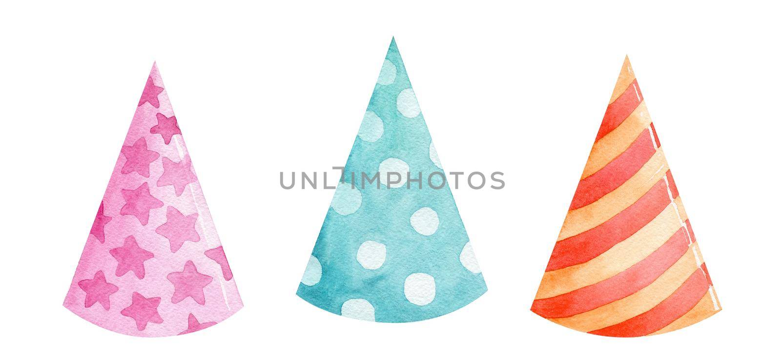 watercolor color party hats set isolated on white background. Birthday cones with stripes and dots accessories clip art for invitations and designs by dreamloud