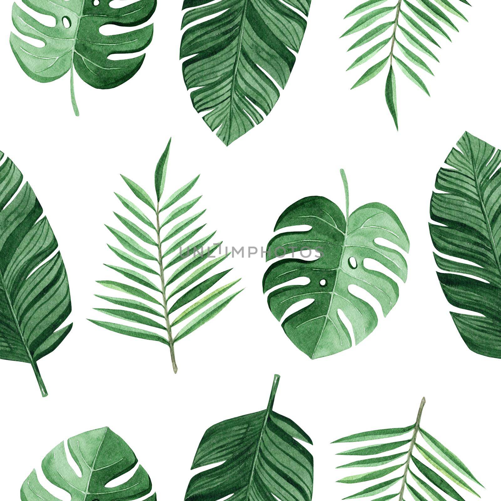 watercolor green tropical palm and monstera leaves seamless pattern on white background for fabric,textile,branding,invitations,scrapbooking,wrapping