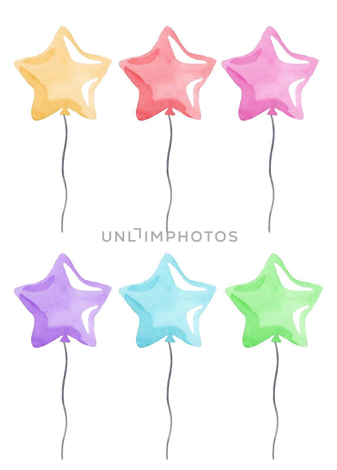 watercolor colorful star shaped balloons with ribbons set isolated on white background for birthday decoration and card designs by dreamloud