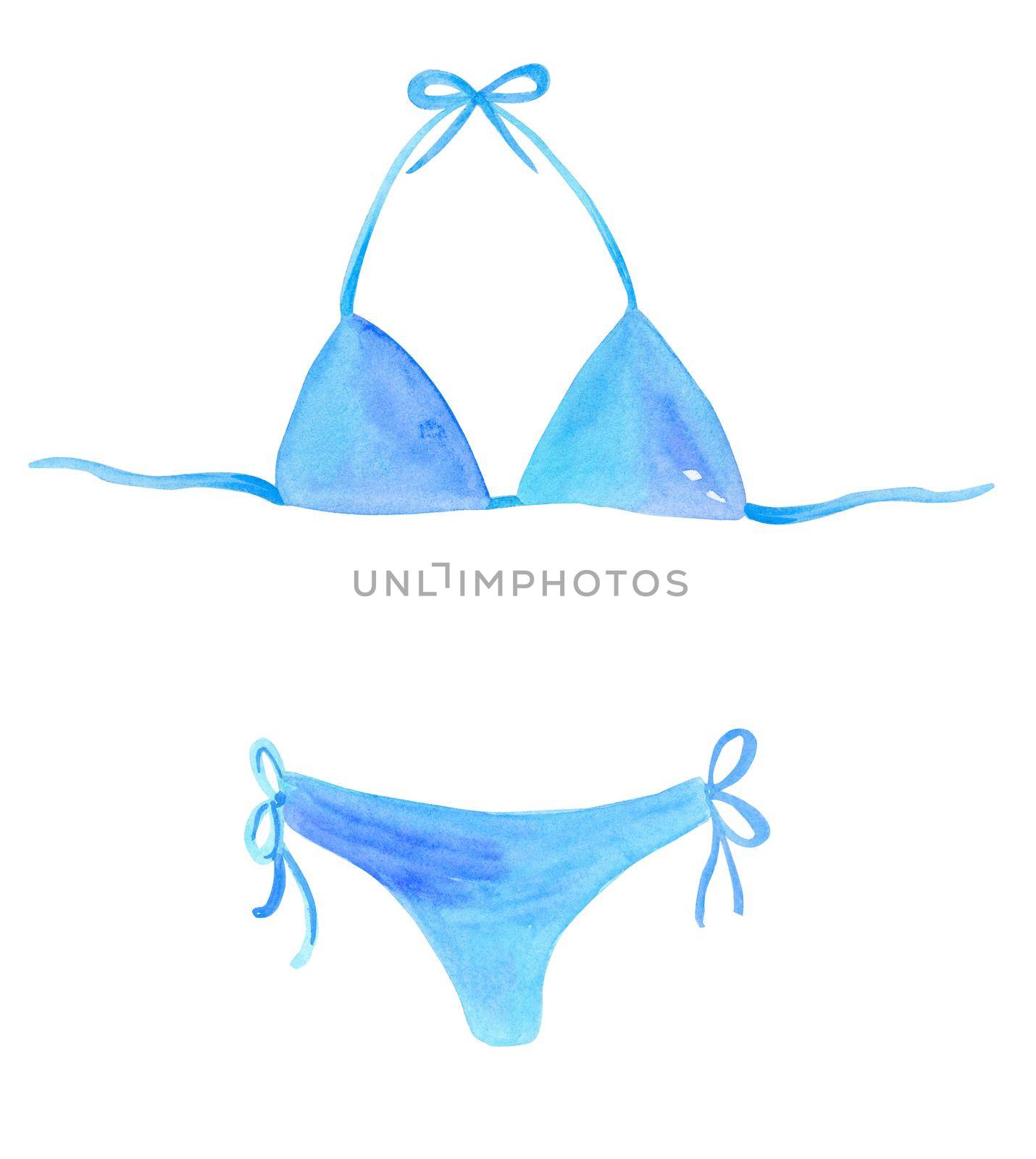 watercolor hand drawn blue two piece swimsuit isolated on white background. Female bikini costume for swimming