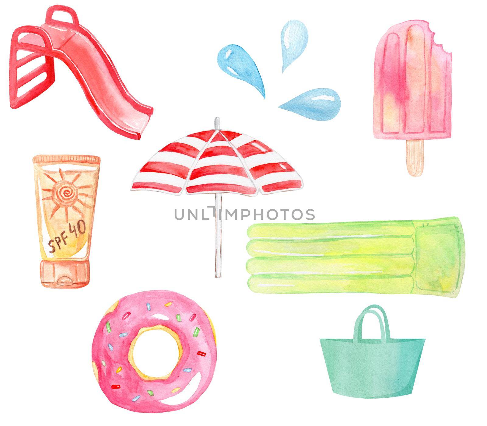 watercolor hand drawn pool supplies and accessories set isolated on white background for summer party by dreamloud