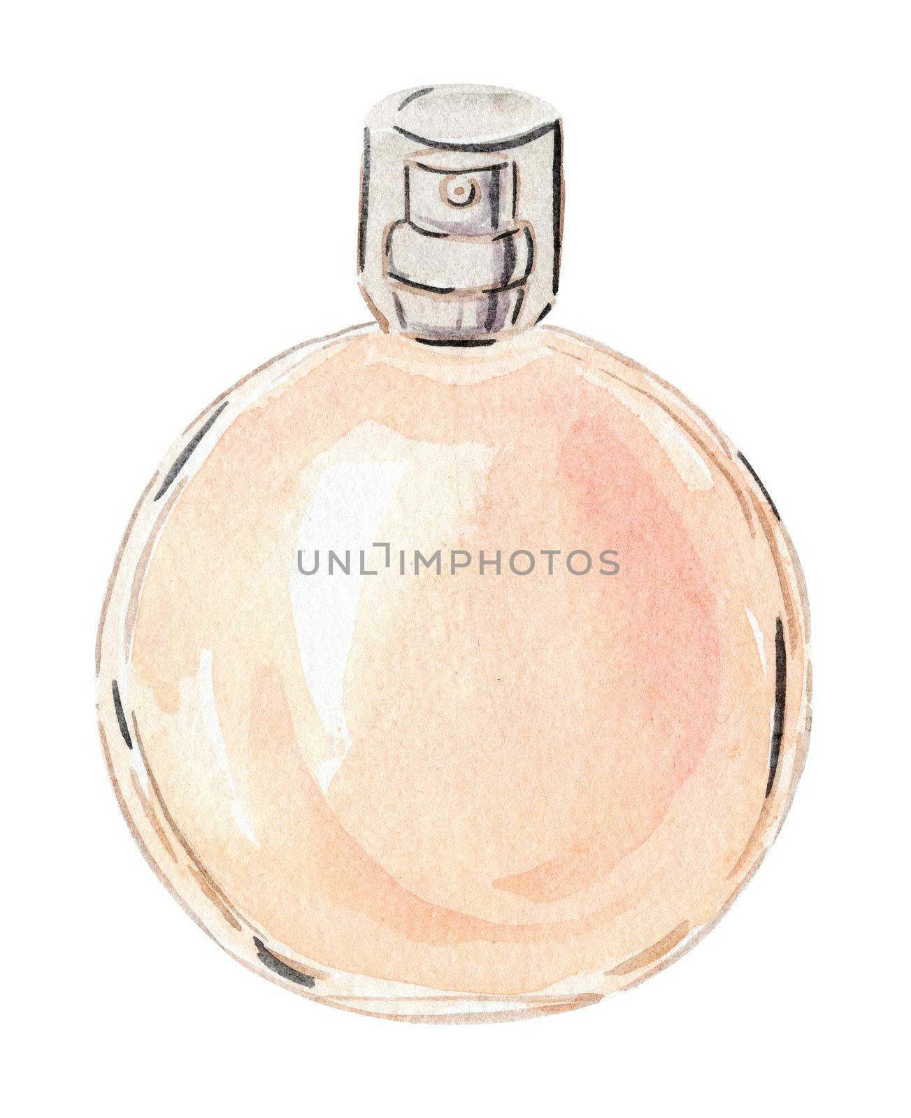 watercolor hand drawn orange perfume glass round bottle isolated on white background for logo design, branding, fashion industry, perfumery