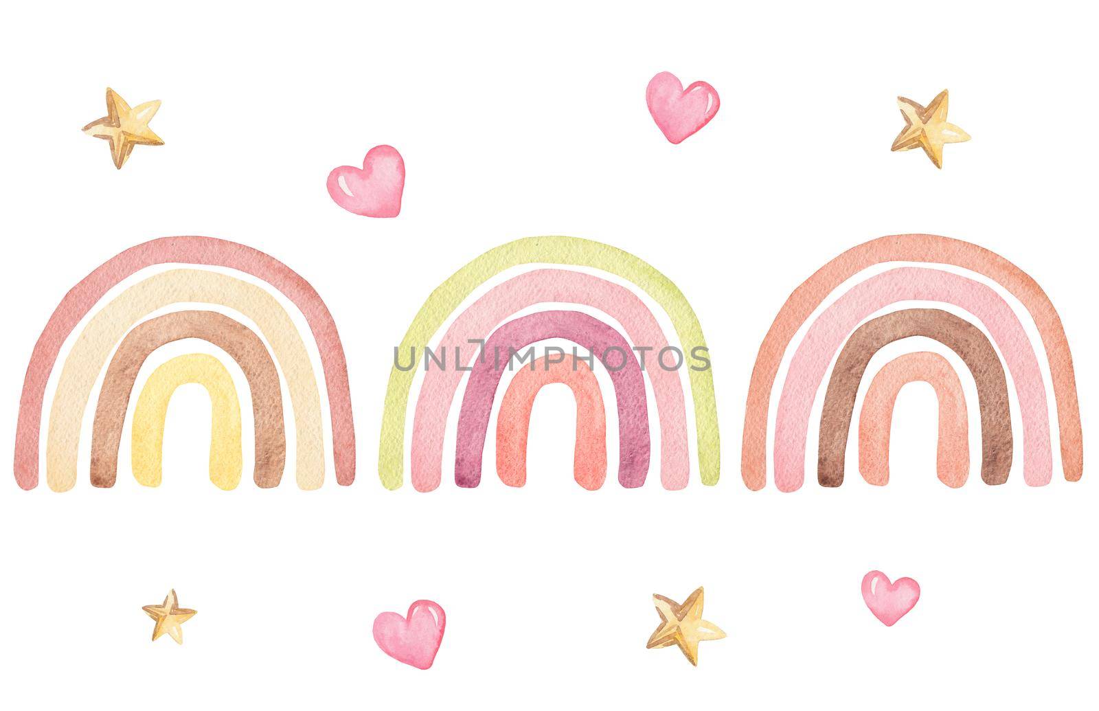 watercolor pastel color rainbows set with hearts and stars isolated on white background for baby nursery decoration, poster, fabric, baby shower