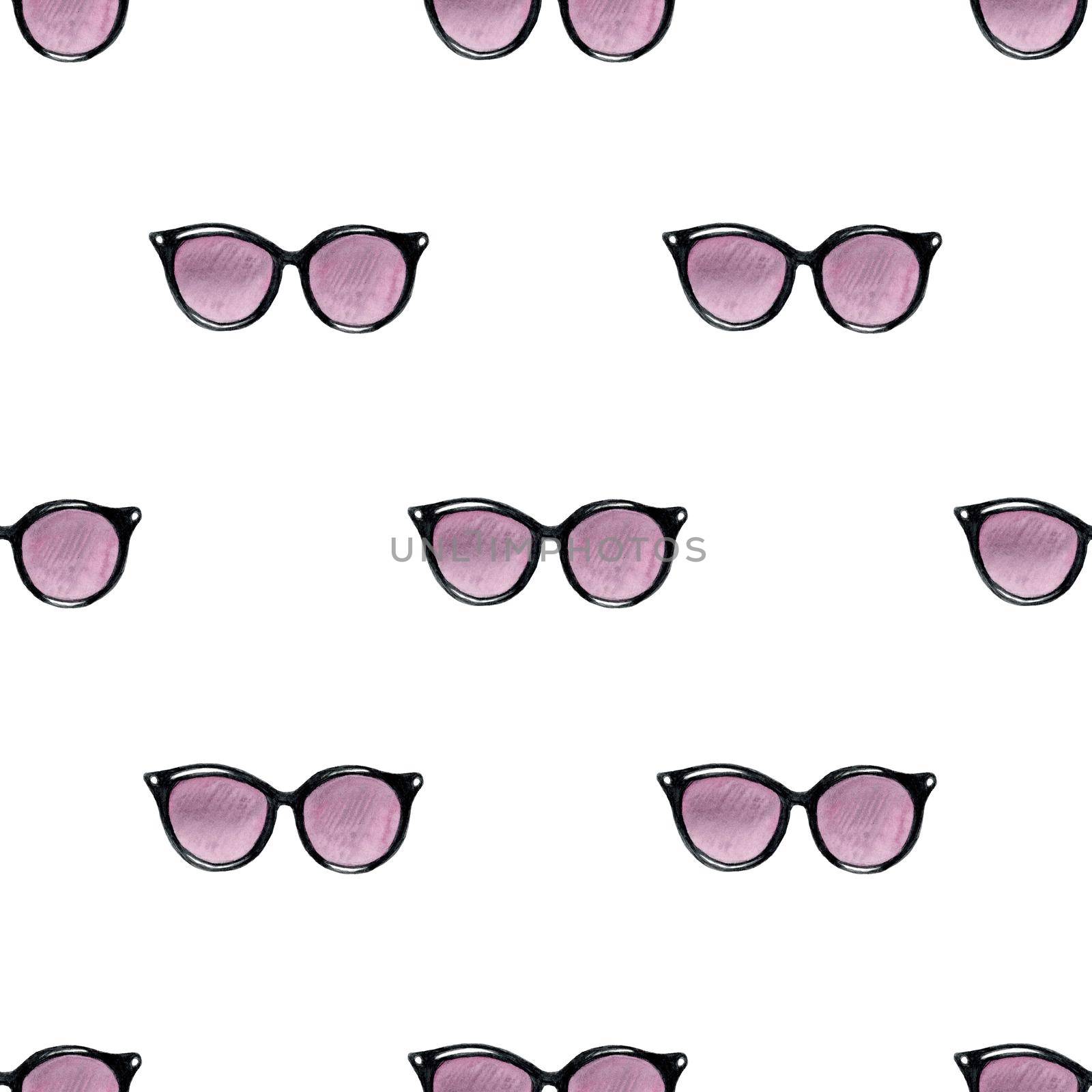 watercolor purple sunglasses fashion seamless pattern on white background for fabric, textile, scrapbooking, wrapping paper,invitations