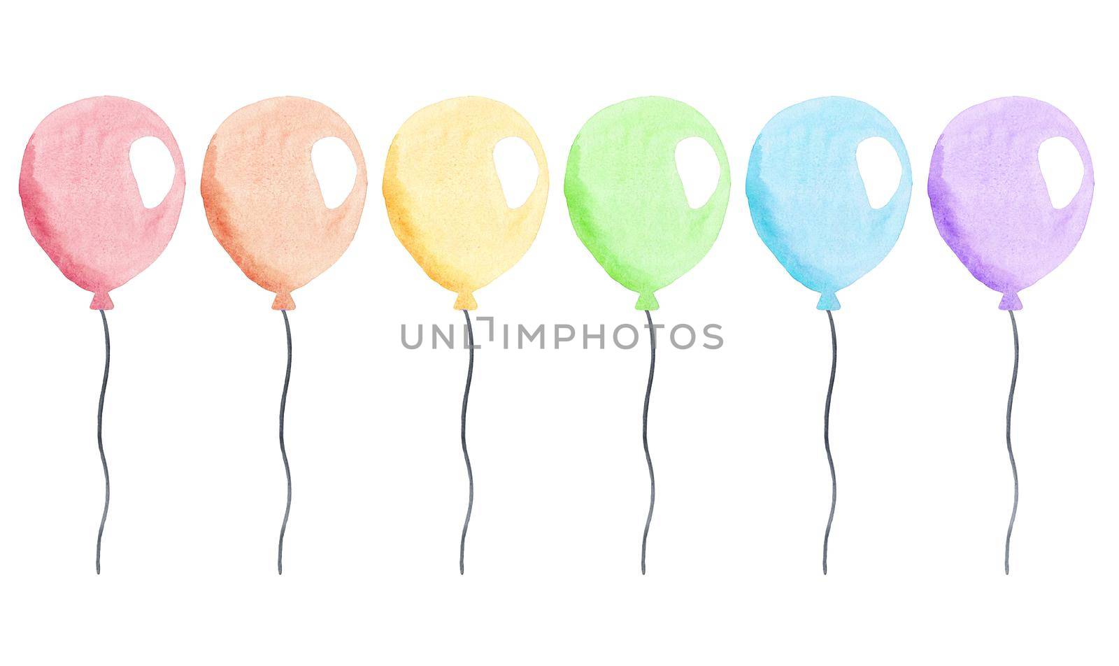 watercolor colorful balloons with strings set isolated on white background for party invitations and cards decorations