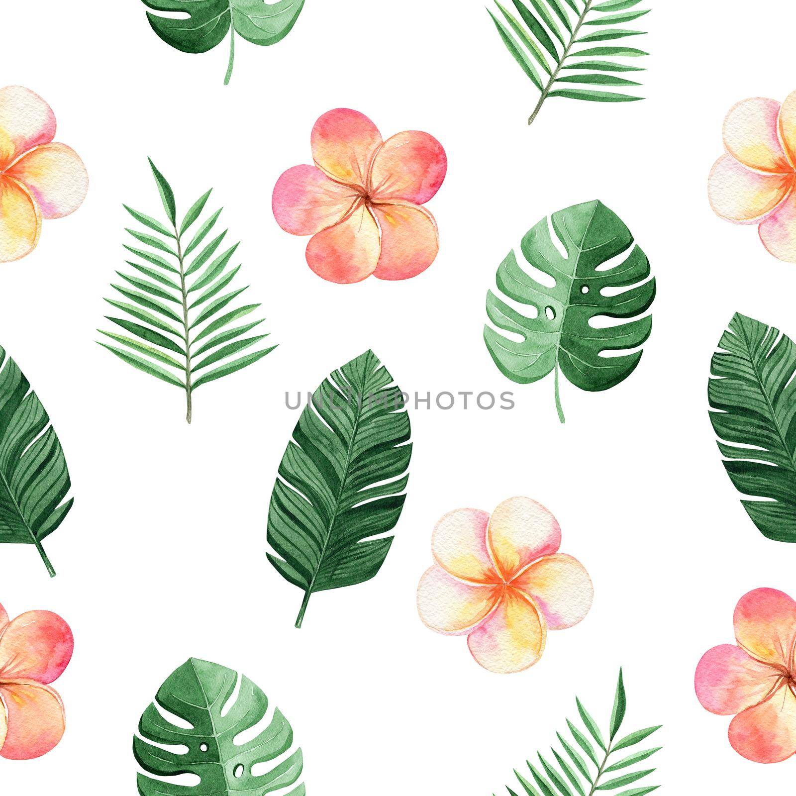 watercolor tropical flower and palm leaves seamless pattern with plumeria and monstera plants on white background for fabric, textile, branding, invitations, scrapbooking, wrapping
