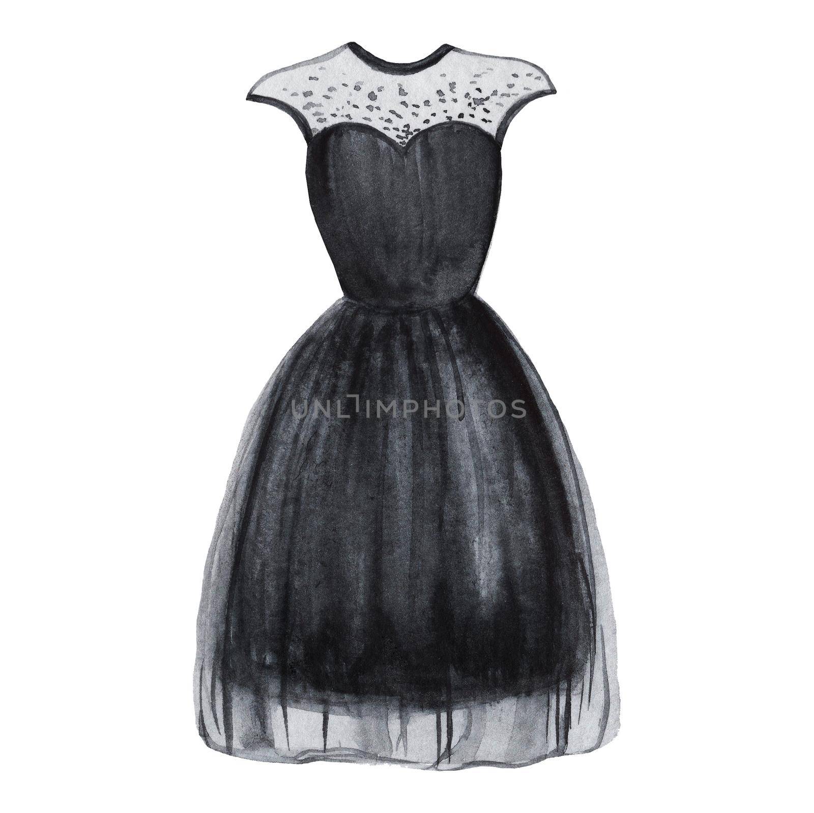 watercolor hand drawn black dress isolated on white background by dreamloud