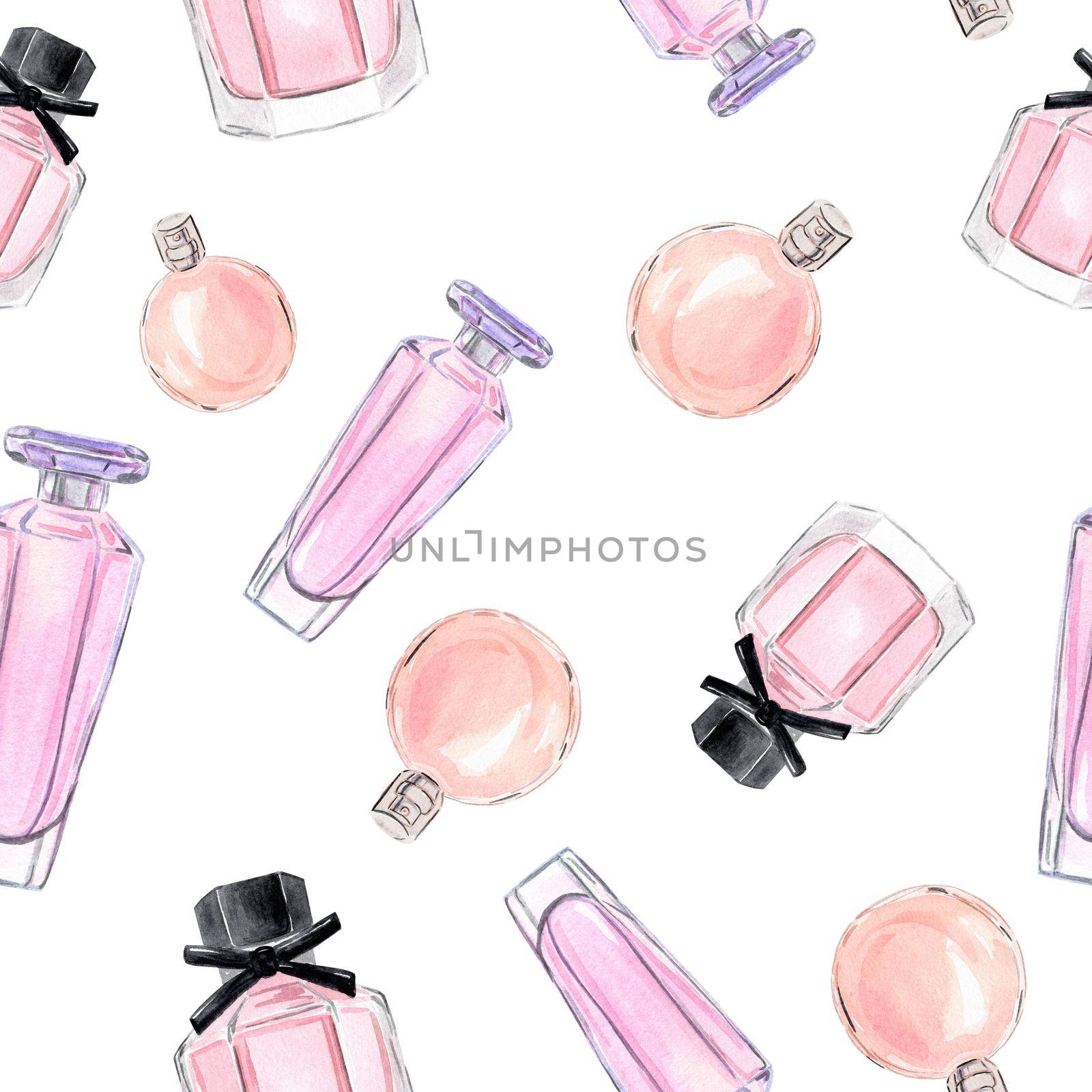 watercolor oink and orange perfume bottles seamless pattern on white background for fabric, textile, scrapbooking, wrapping paper,branding