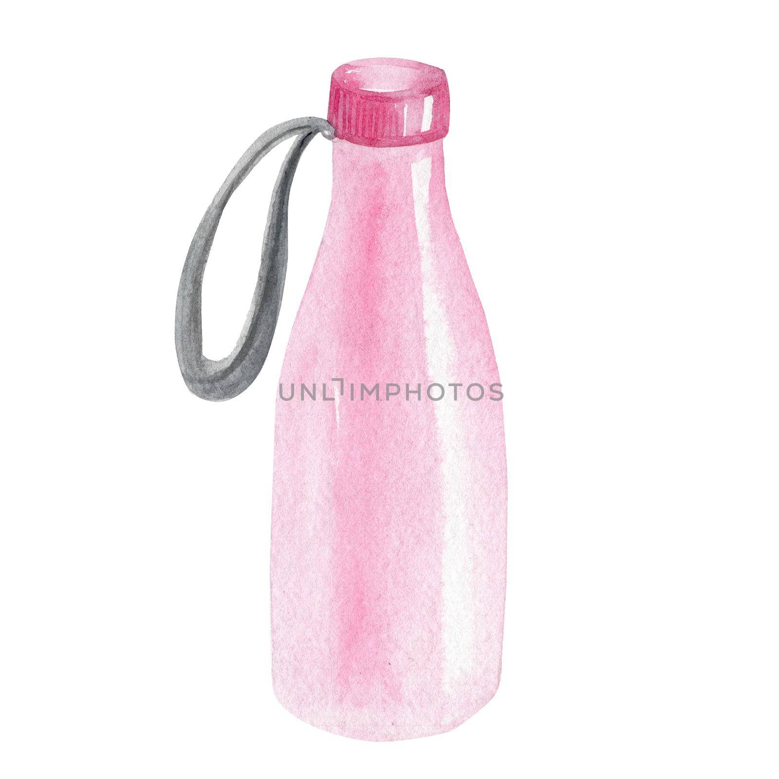 watercolor pink bottle for drinks isolated on white background. fitness bottle by dreamloud