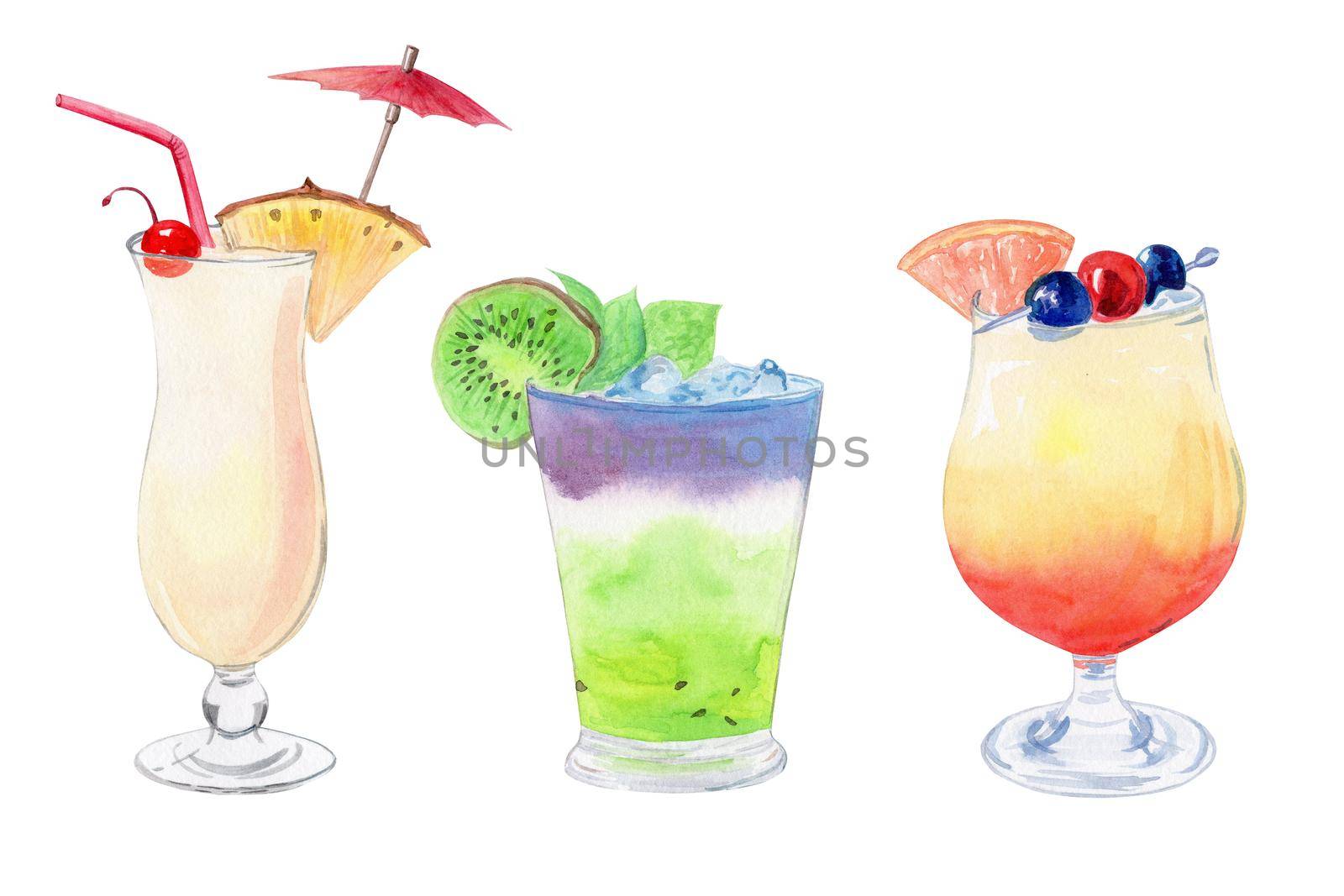 watercolor hand drawn fruit cocktails set isolated on white background. Alcoholic drinks composition by dreamloud