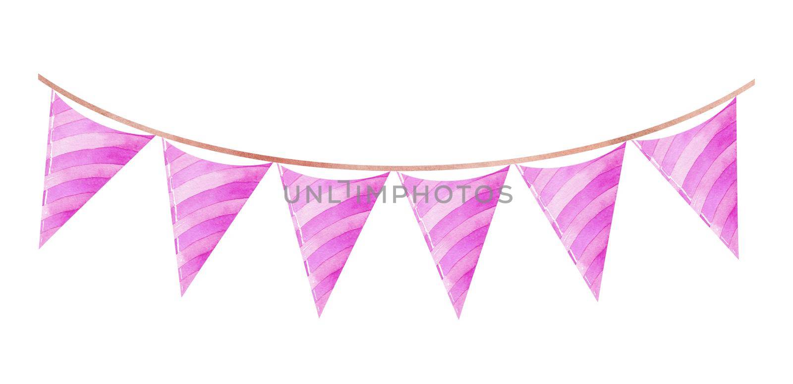 Watercolor pink bunting flags isolated on white background. Birthday party garland, greeting card decor