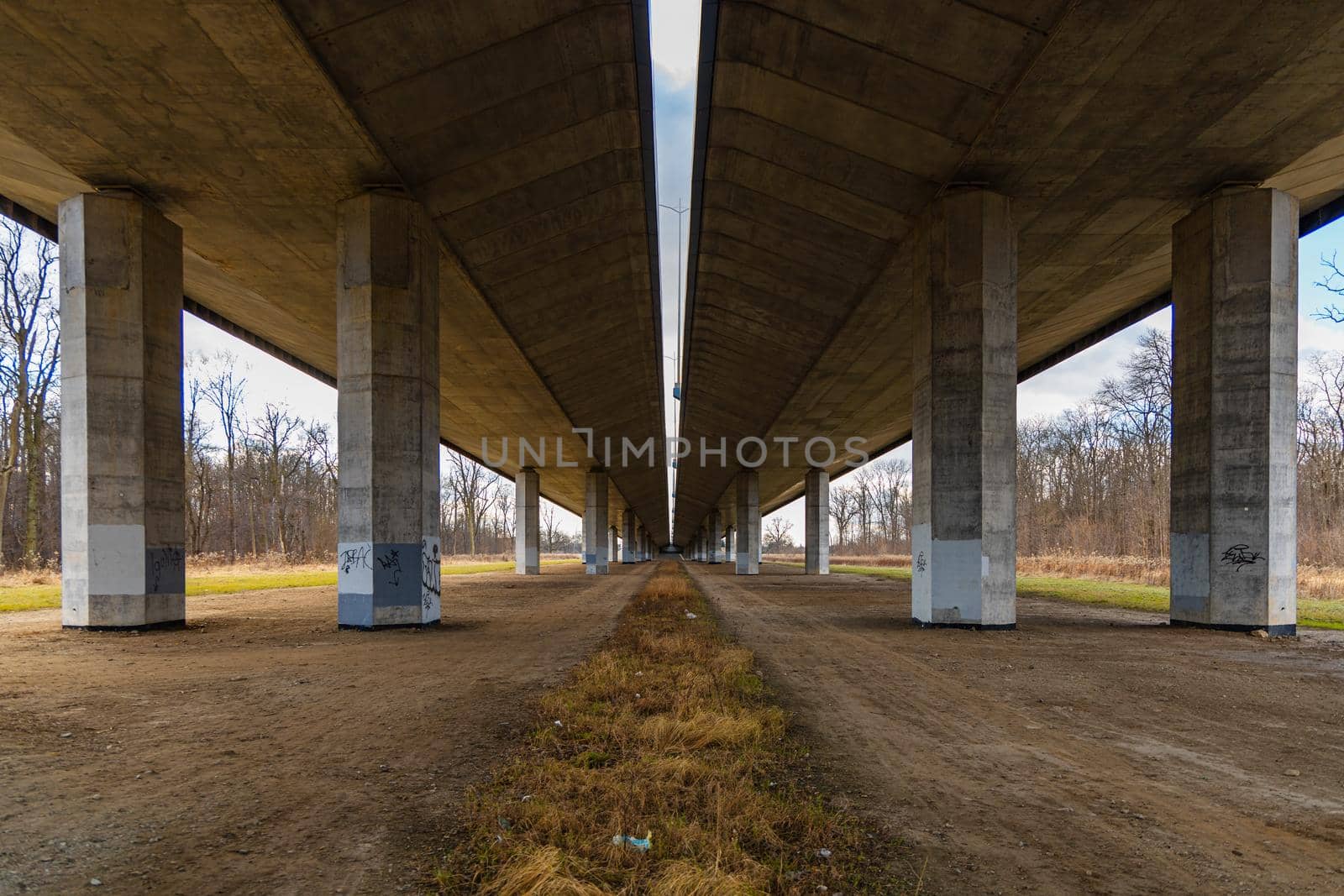 Central view from under of highway bridge with high concrete pillars by Wierzchu