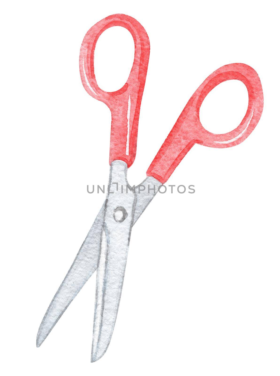 watercolor open red scissors isolated on white background for sewing logo, scrapbook by dreamloud